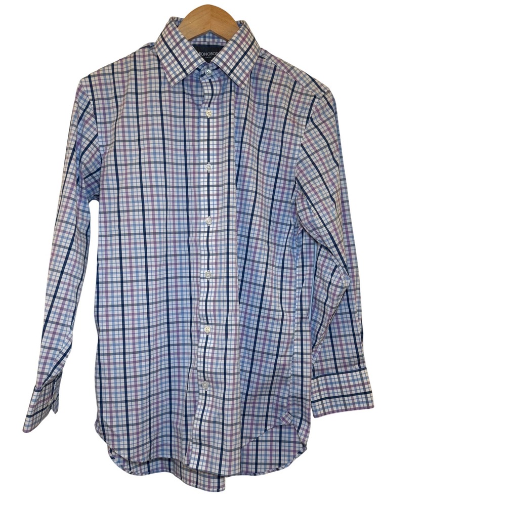 BONOBOS Mens Slim Fit‎ Stretch Plaid Dress Shirt 15.5 x 32 Blue Purple White